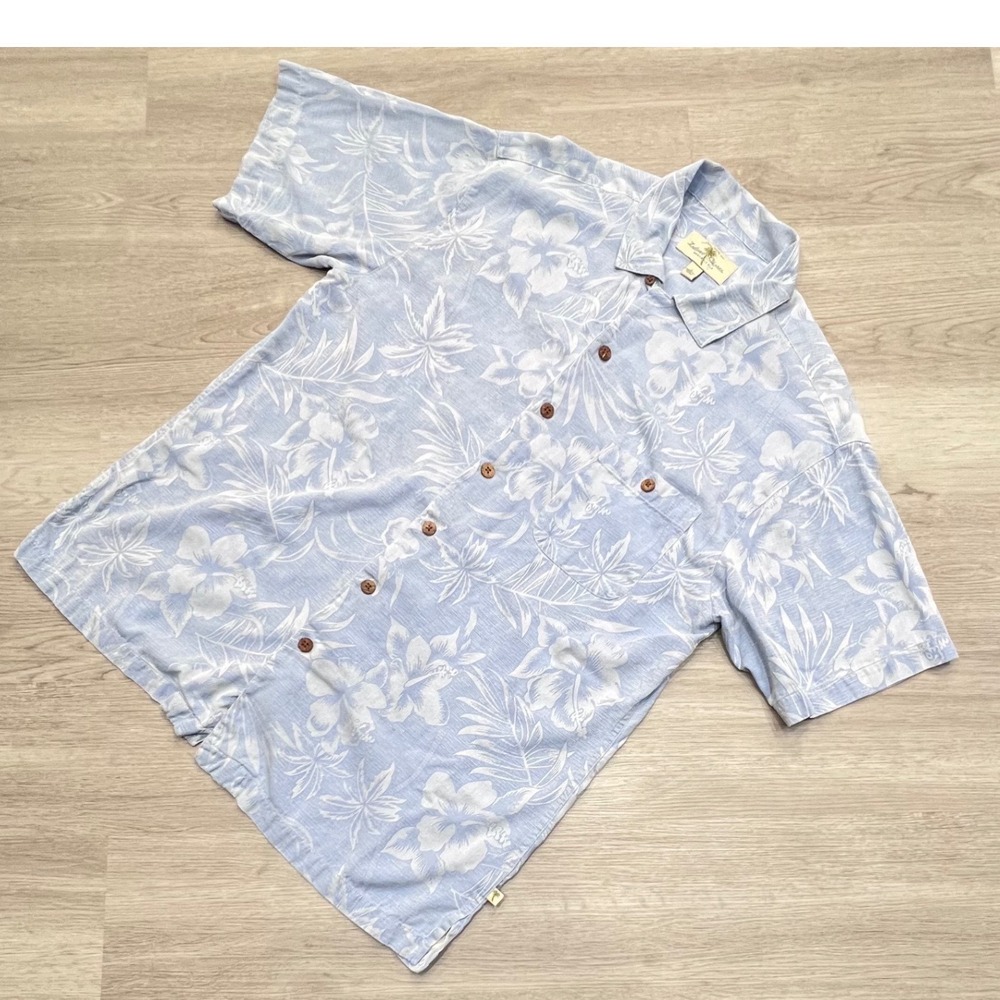 Island Shores Mens Washable Silk Hawaiian Shirt Short Sleeve Size L Blue Floral‎